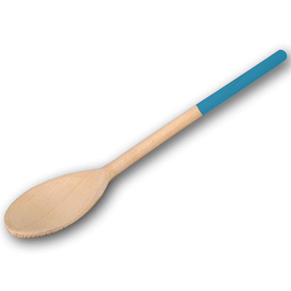 Kochlöffel, oval, mit farbigem Griff, himmelblau, aus Holz 30 cm