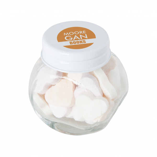 Bonbonglas mini gefüllt mit ca. 40 gr. Fruchtherzchen mit farbigem Deckel