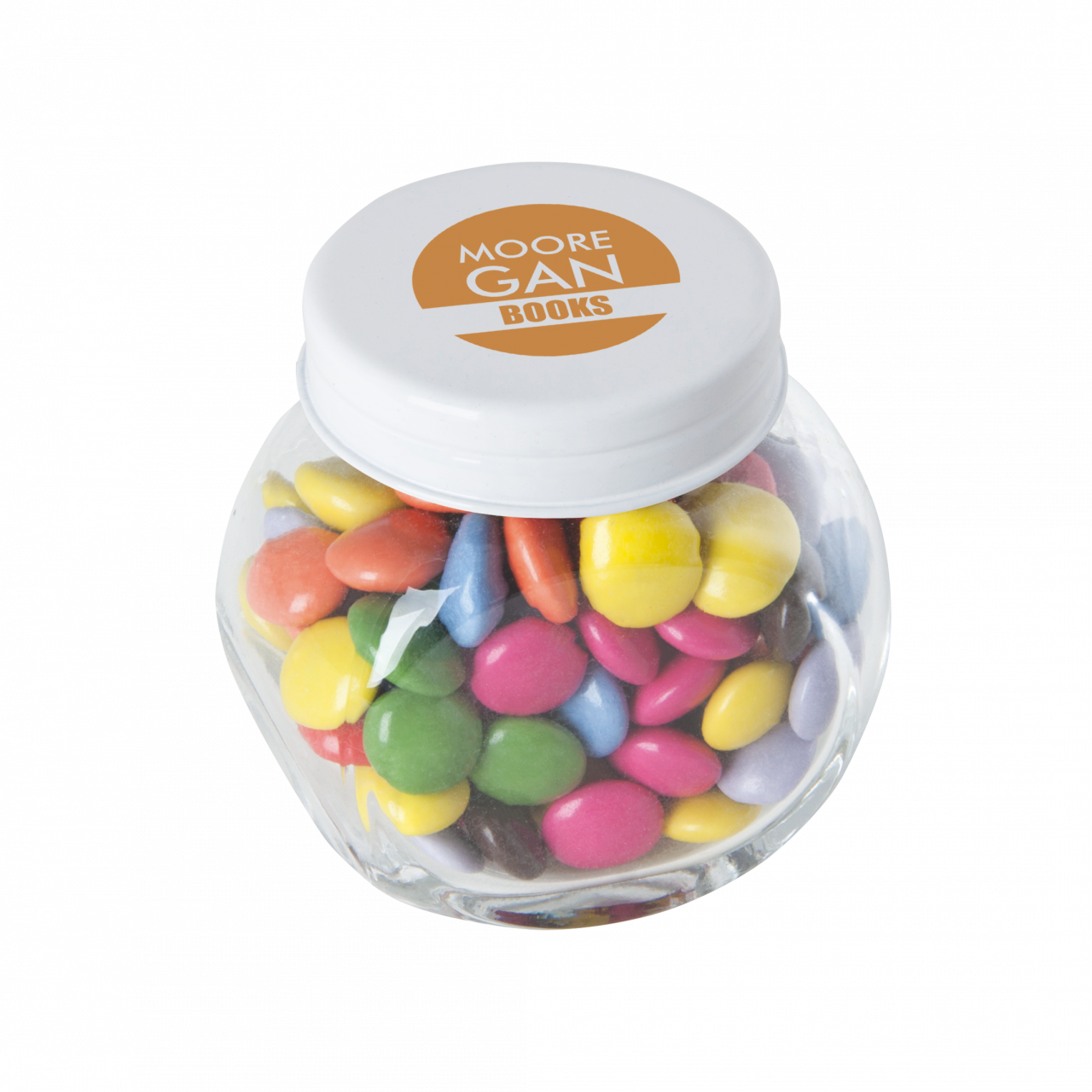 Bonbonglas mini gefüllt mit ca. 40 gr. Schokocarletties mit farbigem Deckel