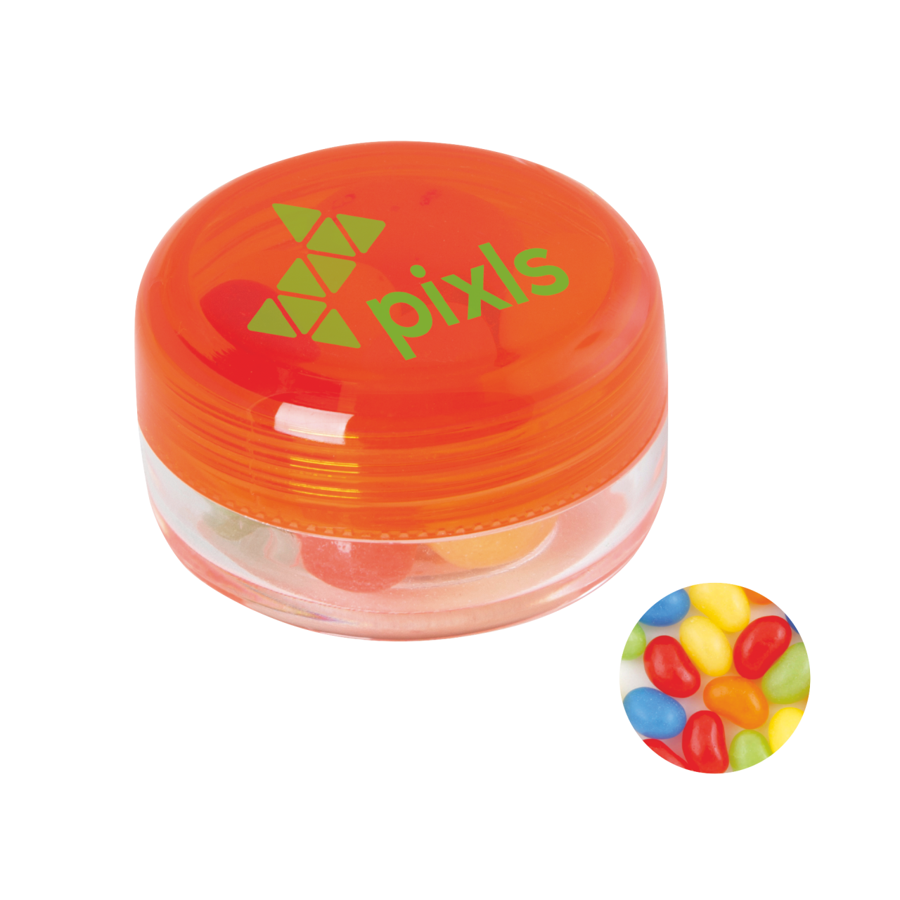 Runde Plastikdose mit farbigem Deckel gefüllt mit ca. 12 gr. Jelly Beans TAMPONDRUCK