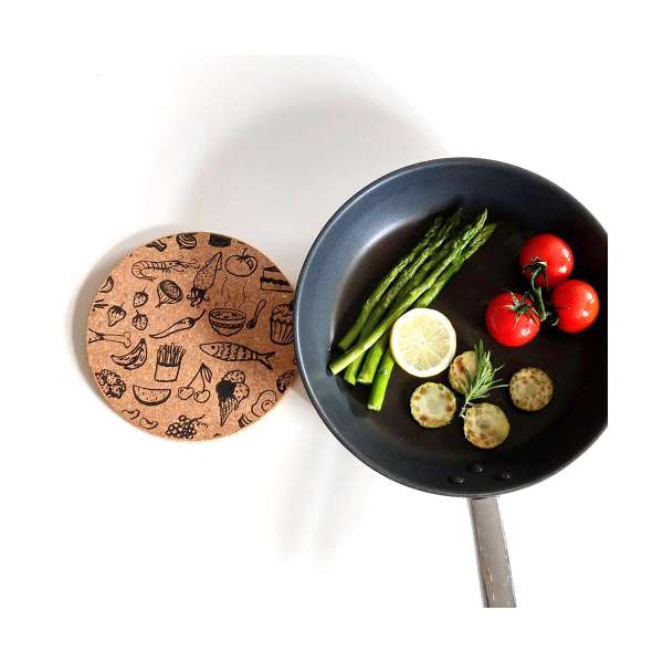 Topfuntersetzer, rund, Essen-Symbole, aus Kork, 20 cm