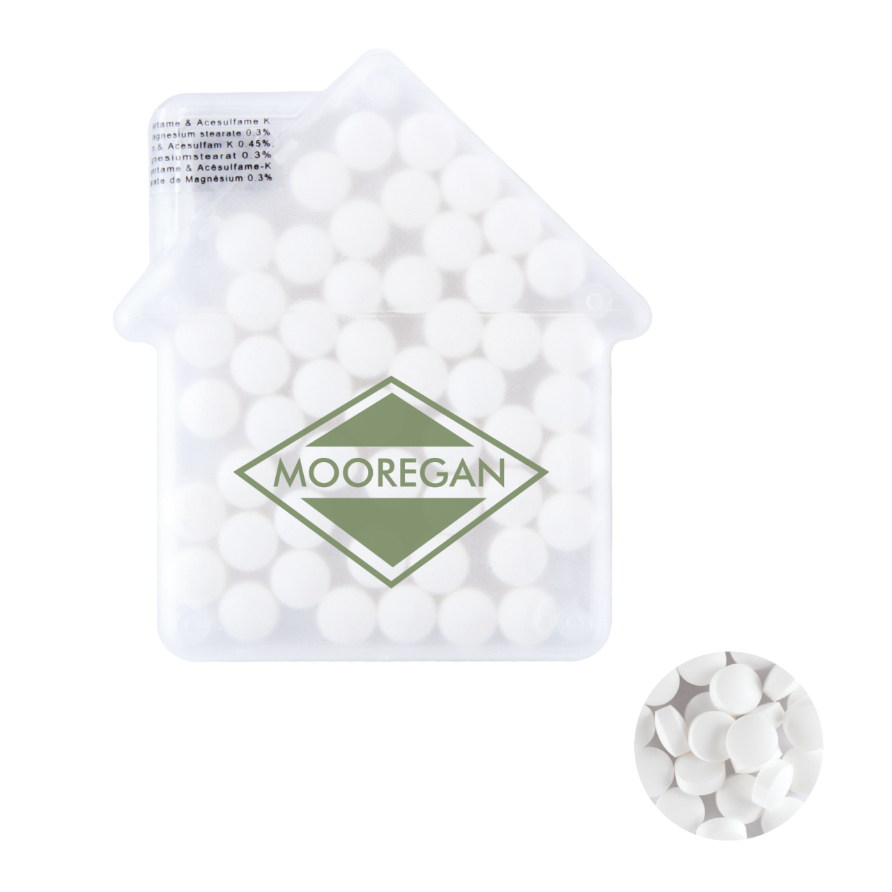 Mintdispenser Haus mit ca. 8 gr. Minties zuckerfrei und Zutatenaufkleber TAMPONDRUCK