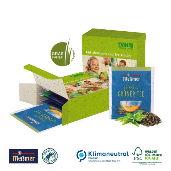 Premium-Tee in der Werbebox auf Graspapier, Klimaneutral, FSC®