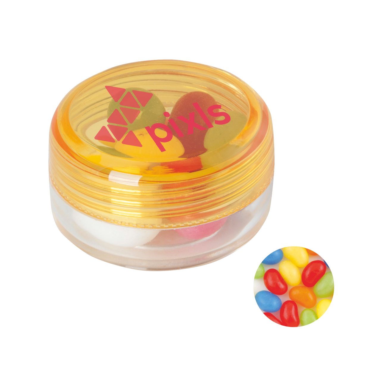 Runde Plastikdose mit farbigem Deckel gefüllt mit ca. 12 gr. Jelly Beans TAMPONDRUCK