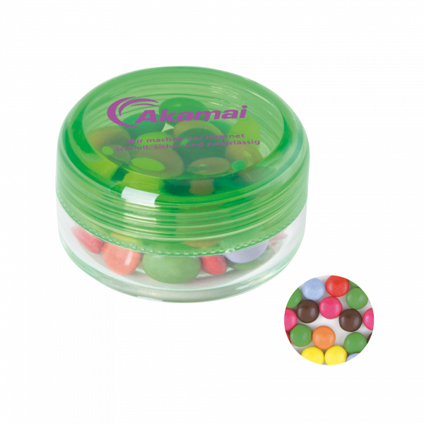 Runde Plastikdose mit farbigem Deckel gefüllt mit ca. 12 gr. Schokocarletties TAMPONDRUCK
