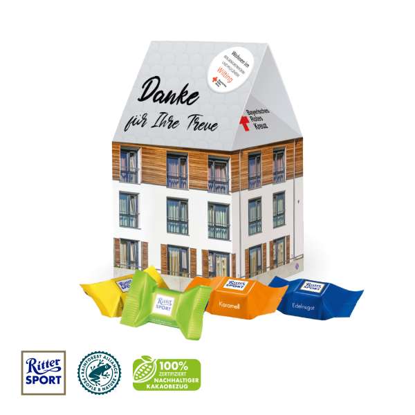 3D Präsent "Haus" mit Ritter SPORT Schokowürfel