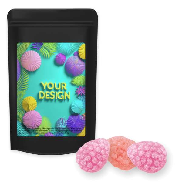 Erdbeer Chili Bonbons, ca. 80g, Standbeutel Midi schwarz
