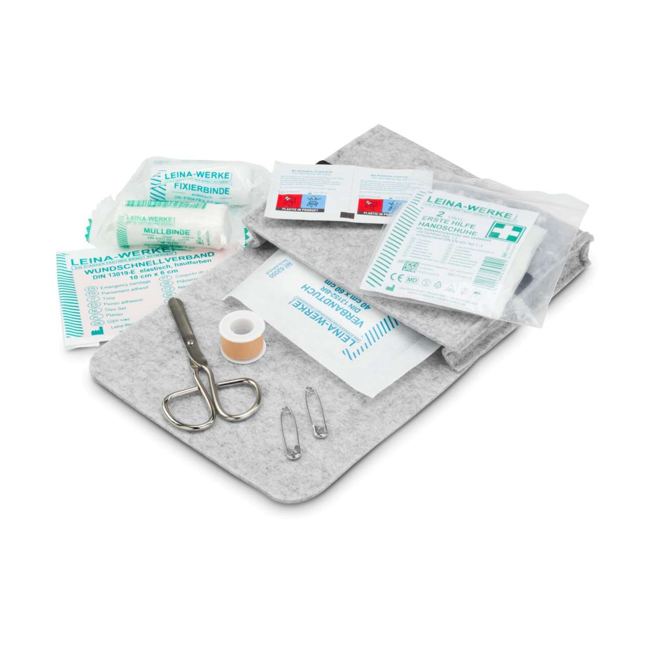 First Aid Kit in grauer Filztasche - Erste Hilfe Set, 12-teilig, deutsche Markenware