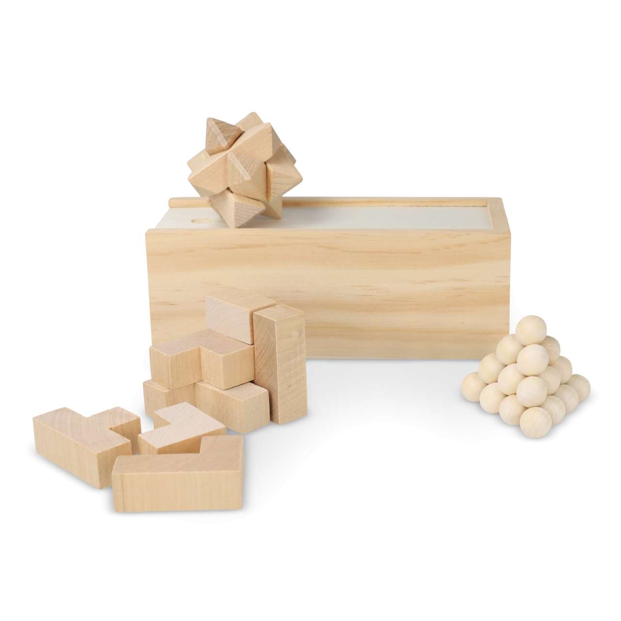 Dieses nachhaltige Set enthält drei spannende Denkspiele: ein Sternenpuzzle, ein Pyramidenpuzzle und