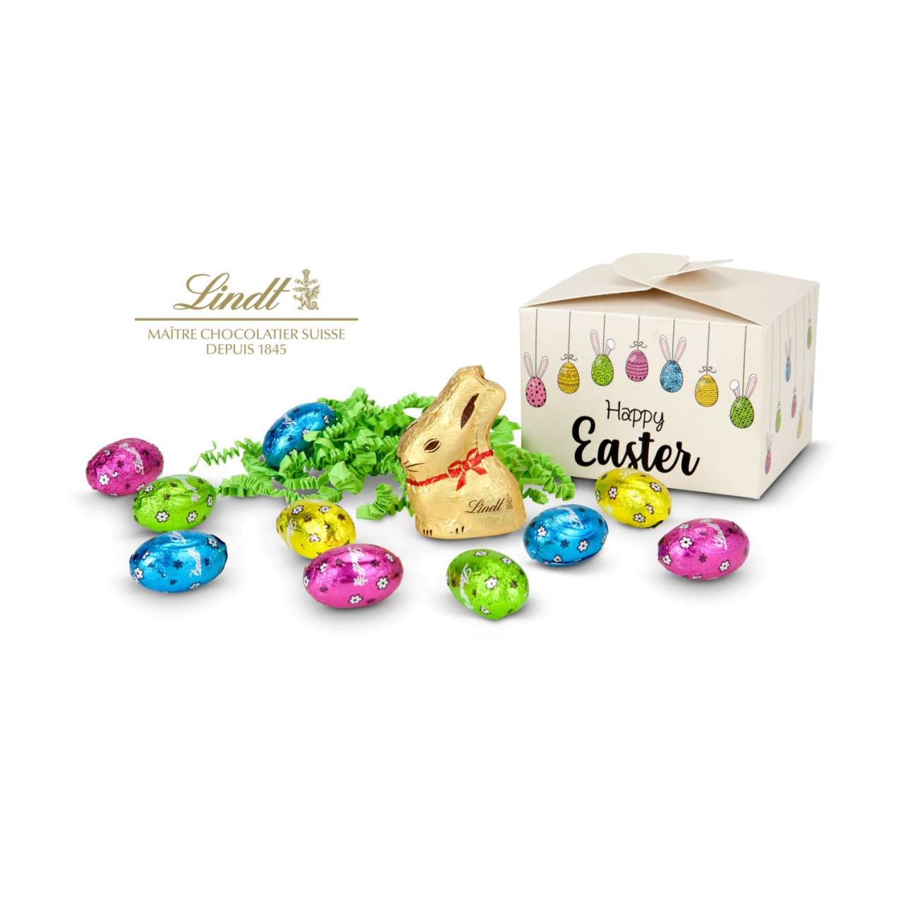 Geschenkartikel / Präsentartikel: Buntes Lindt Osternest - Lindt-Osterhase mit 8 Eiern, auch in indi