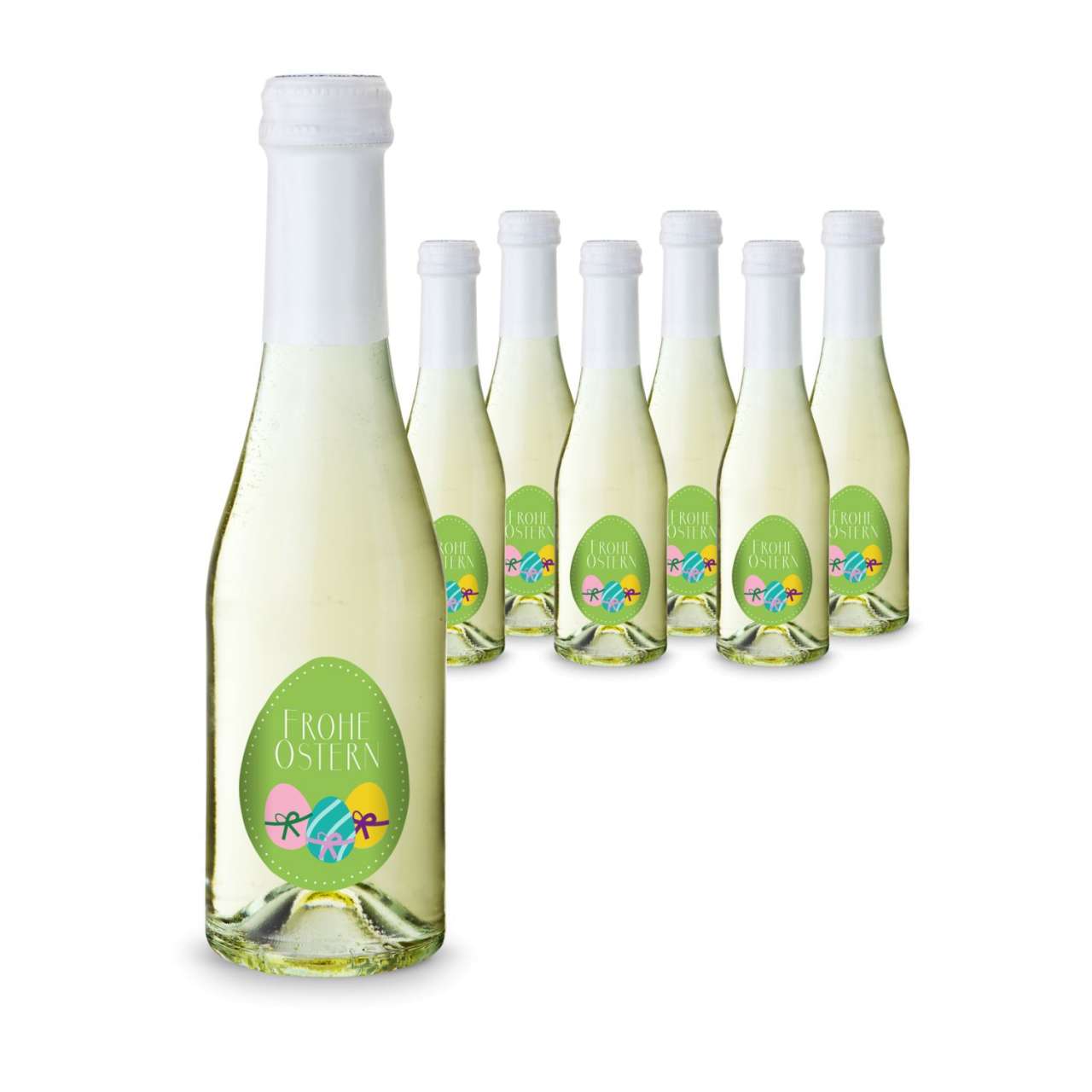 Geschenkartikel / Präsentartikel: Oster-Piccolo - 6 x Secco Piccolo 0,2 l - Flasche klar, Kapsel wei
