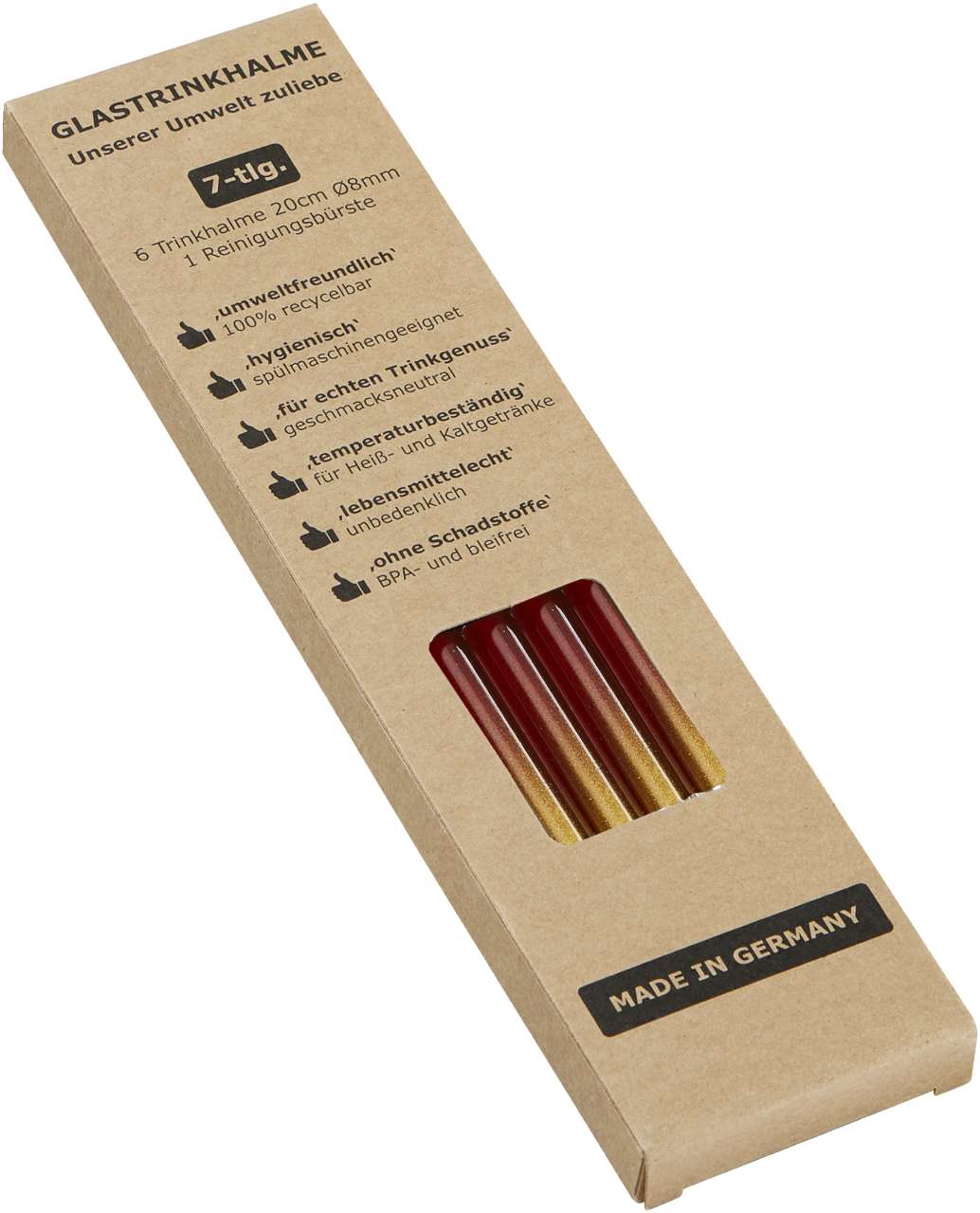 Set aus 6 farbigen Glas-Trinkhalmen mit Reinigungsbürste