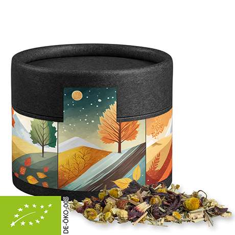 Bio Kräutertee Vierjahreszeiten, ca. 9g, Kraftpapierdose Mini schwarz