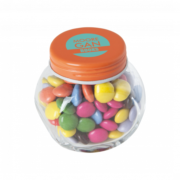 Bonbonglas mini gefüllt mit ca. 40 gr. Schokocarletties mit farbigem Deckel