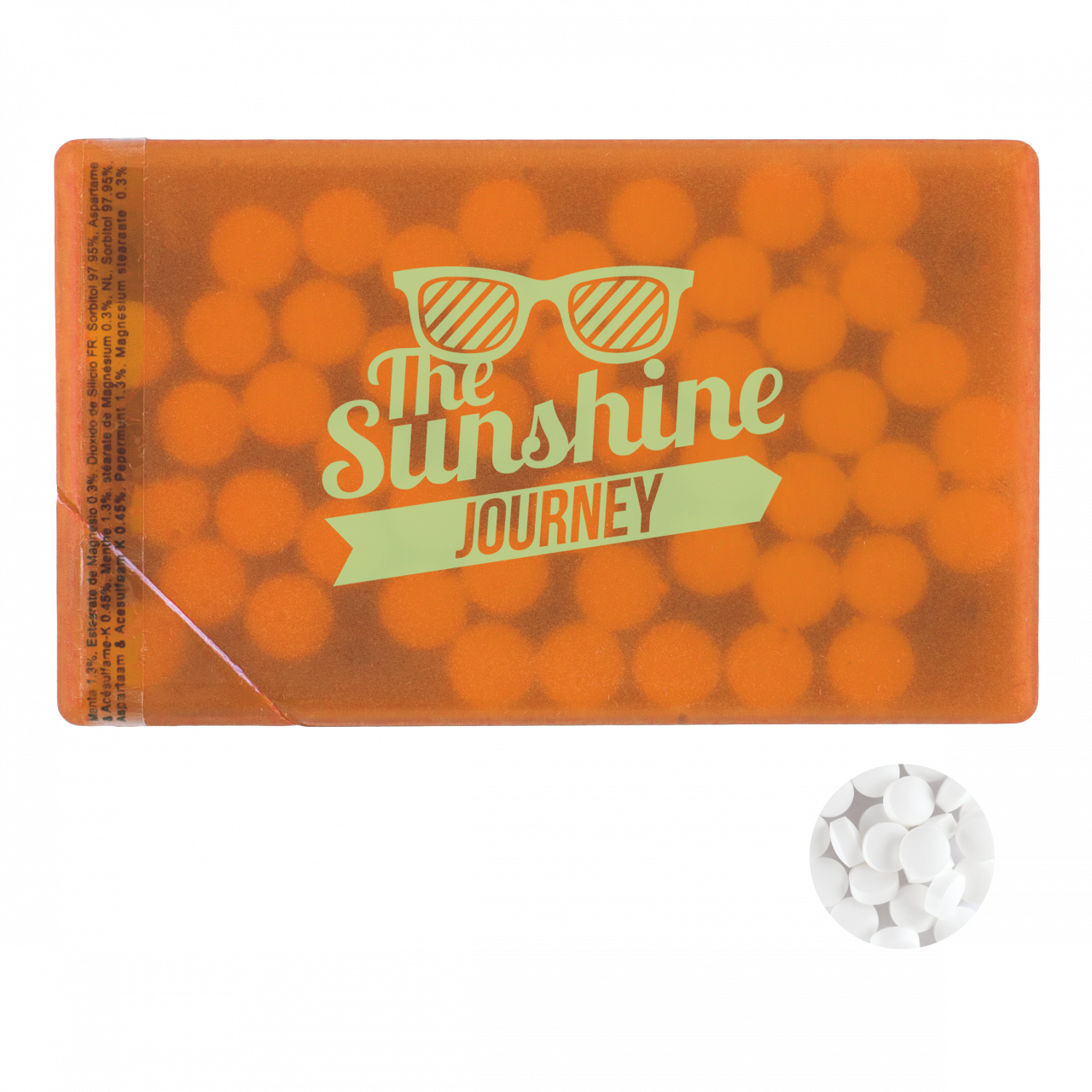 Mintdispenser Kreditkarte mit ca. 8 gr. Minties zuckerfrei und Zutatenaufkleber TAMPONDRUCK