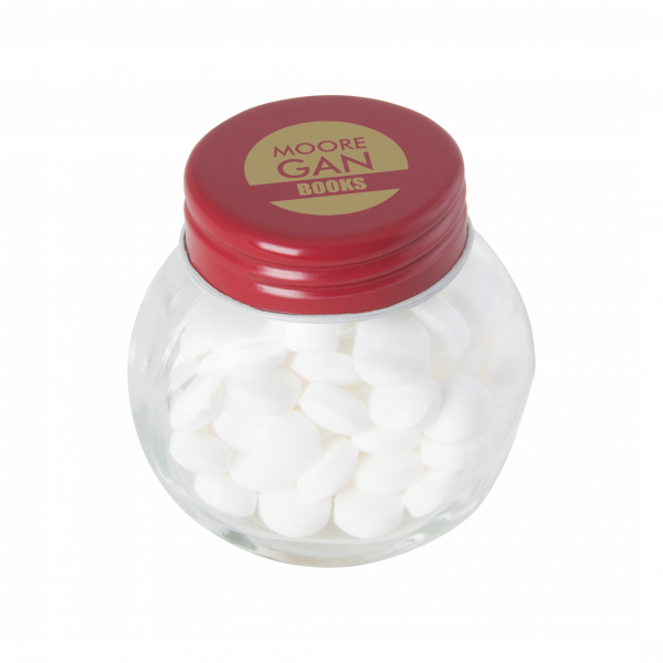 Bonbonglas mini gefüllt mit ca. 40 gr. Mints mit farbigem Deckel