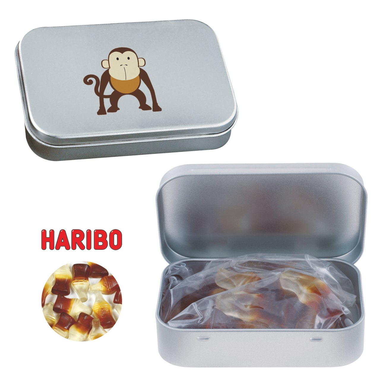 Blechdose mit Scharnier mit ca. 60 gr. Haribo Colafläschchen