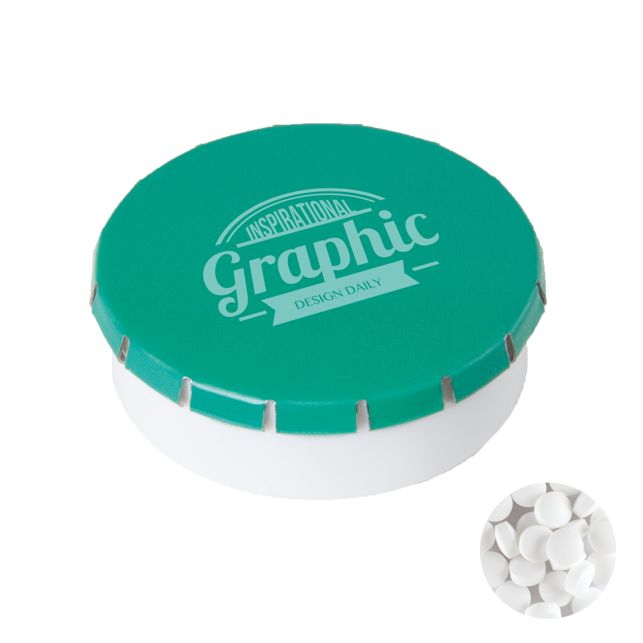 Super runde Click-Plastikdose 45 mm mit ca. 12 gr. minties zuckerfrei, TAMPONDRUCK