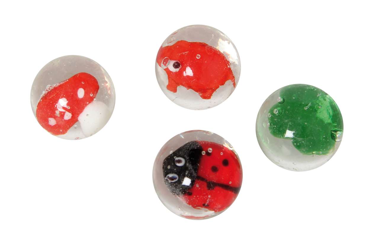 Glasmurmeln Glücks-Motive 30mm 4er Set