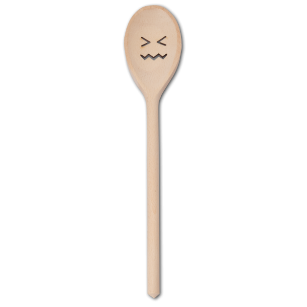 Kochlöffel, oval, mit Motiv Gesicht mit zusammengekniffenen Augen, aus Holz 30 cm