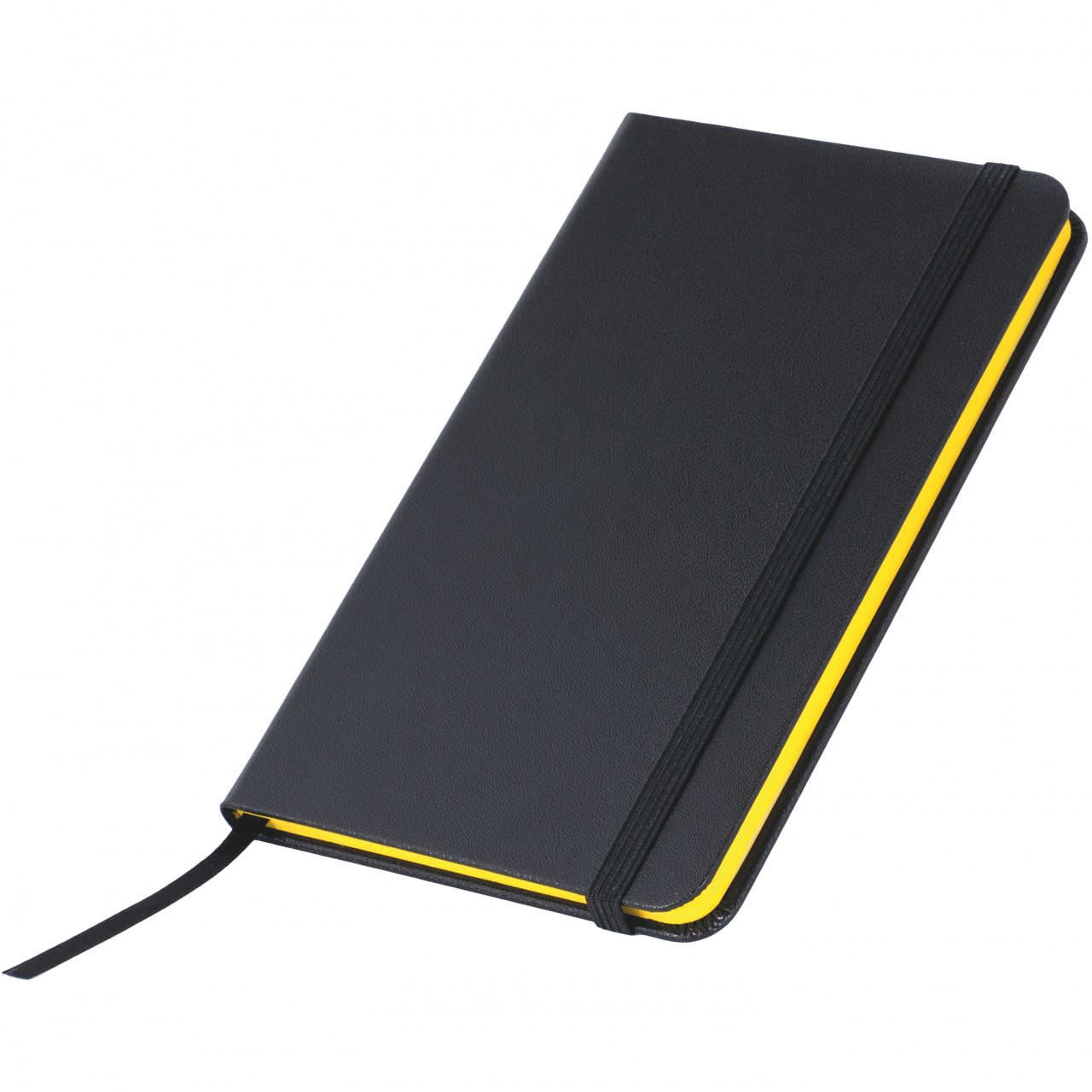 Notizbuch A6 schwarz mit Gummiband, Farbschnitt und Leseband, 60 Seiten