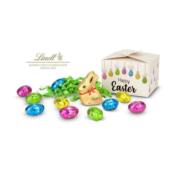 Geschenkartikel / Präsentartikel: Buntes Lindt Osternest - Lindt-Osterhase mit 10 Eiern, auch in ind