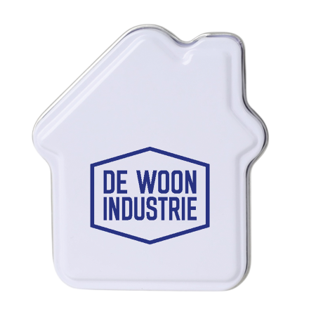 Metalldose in Hausform standardfüllung mit DutchDex Dextrose-Minzbonbons (HERGESTELLT IN DEN NIEDERL