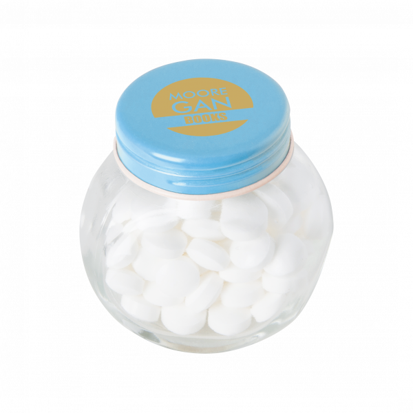 Bonbonglas mini gefüllt mit ca. 40 gr. Mints mit farbigem Deckel