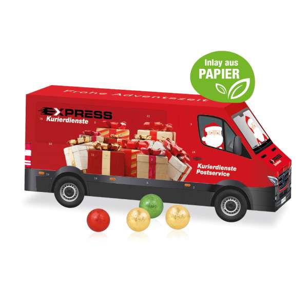 3D Adventskalender "Transporter" mit Fairtrade® Schokolade mit Papier-Inlay