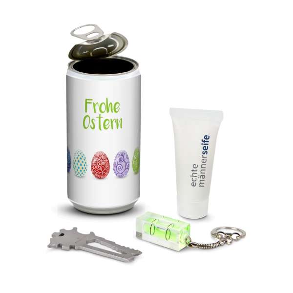 Geschenkset / Präsenteset: Männer-Geheimnis Ostern, das Nest in der Dose - Etikett Ostern
