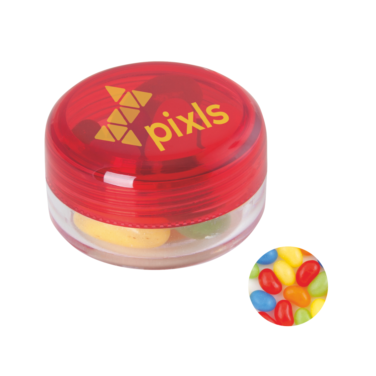Runde Plastikdose mit farbigem Deckel gefüllt mit ca. 12 gr. Jelly Beans TAMPONDRUCK