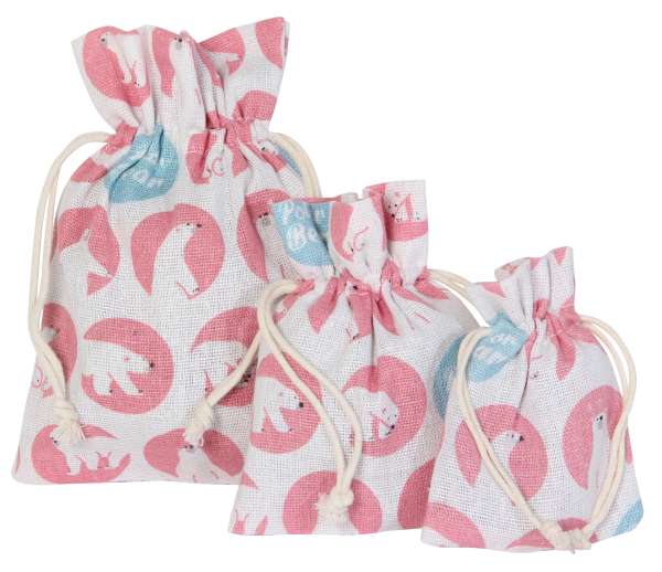 Baumwollbeutel 3er Set Design Polar Bear mit Kordelzug