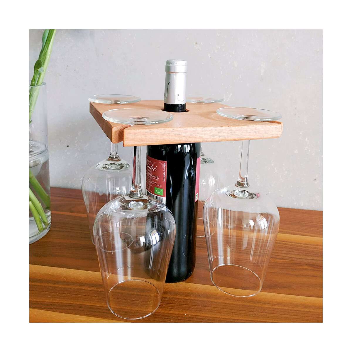 Weinglashalter aus Holz mit Flaschen-Halterung für 4 Gläser und eine Weinflasche, Flaschenhalter aus