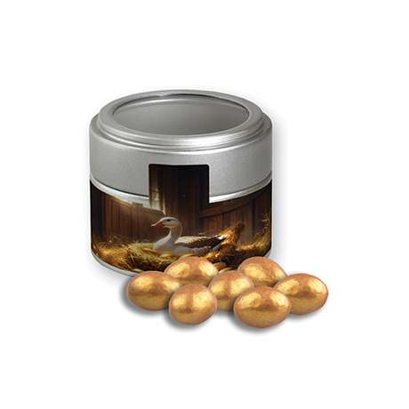 Goldene Salted Caramel Mandeln, ca. 64g, Metalldose Mini mit Sichtfenster silber