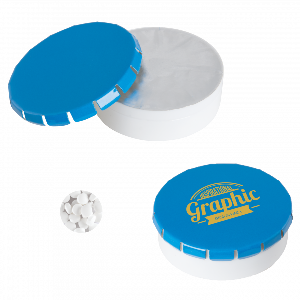 Super runde Click-Plastikdose 45 mm mit ca. 12 gr. minties zuckerfrei, TAMPONDRUCK