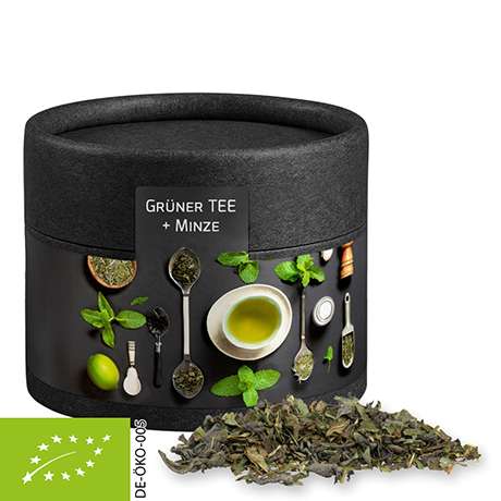 Bio Grüner Tee mit Minze, ca. 10g, Biologisch abbaubare Eco Pappdose Mini schwarz