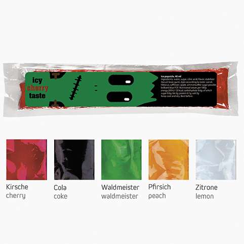 Wassereis im 5er Sortenmix (Kirsche, Waldmeister, Cola, Zitrone, Pfirsich), 40 ml, Express Schlaucht