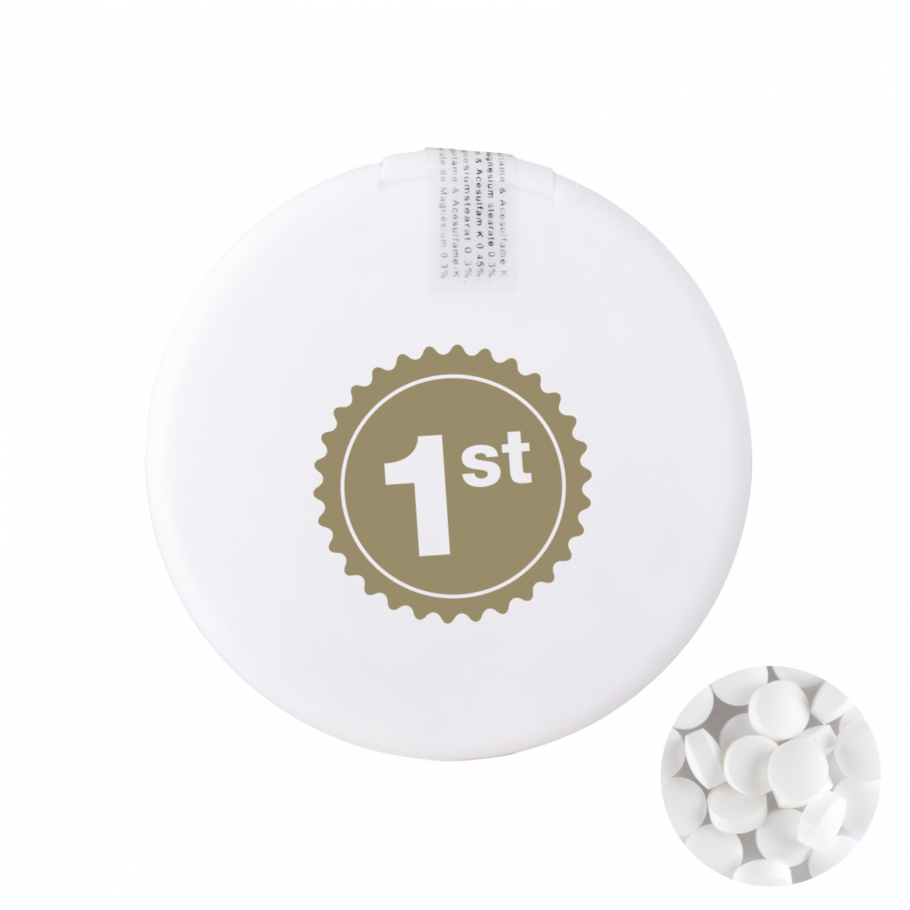 Mintdispenser rund mit ca. 8 gr. Minties zuckerfrei und Zutatenaufkleber TAMPONDRUCK