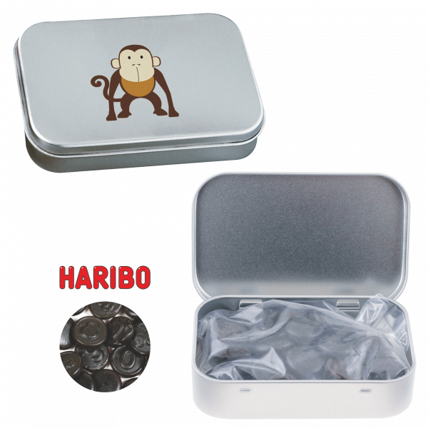 Blechdose mit Scharnier mit ca. 60 gr. Lakritz Geld