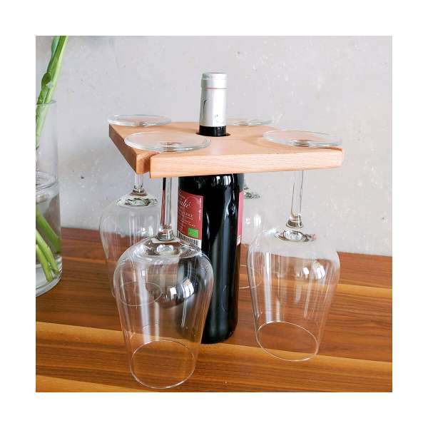 Weinglashalter aus Holz mit Flaschen-Halterung für 4 Gläser und eine Weinflasche, Flaschenhalter aus
