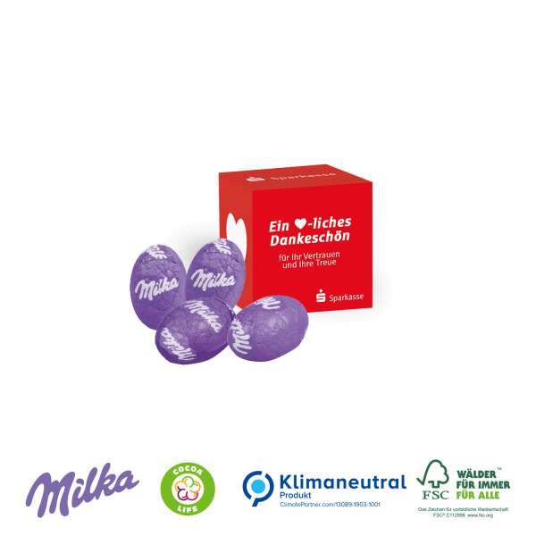 Werbe-Würfel mit Milka Alpenmilch Eier, Klimaneutral, FSC®