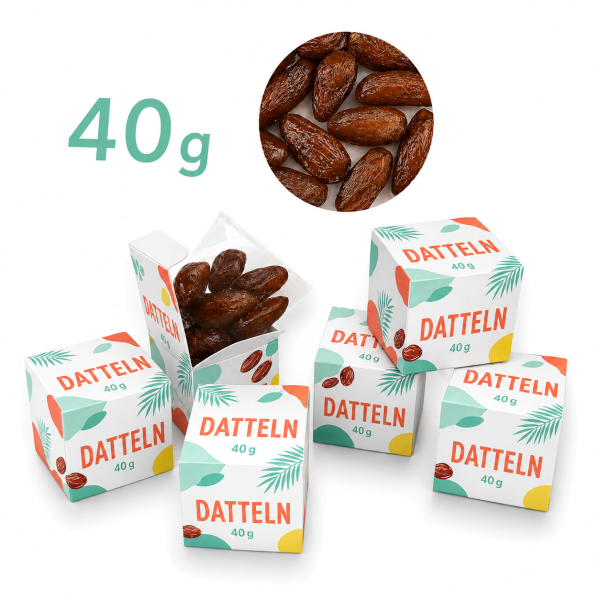 Dattel-Cube ca. 40 g - 4-farbig allover außen bedruckter Karton