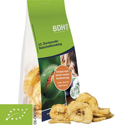 Bio Bananenchips, ca. 25g, Express Blockbodenbeutel mit Werbereiter