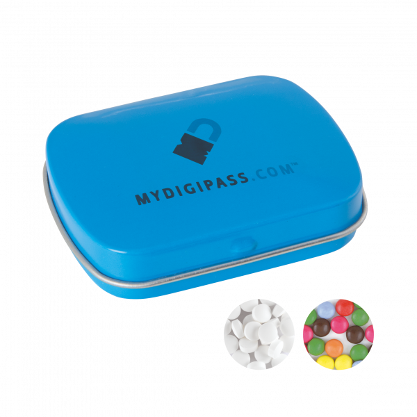 Gewölbte Scharnierblechd, standardmäßig gefüllt mit DutchDex Dextrose-Minzbonbons (HERGESTELLT IN DE