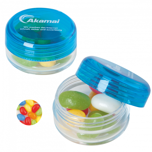 Runde Plastikdose mit farbigem Deckel gefüllt mit ca. 12 gr. Jelly Beans TAMPONDRUCK