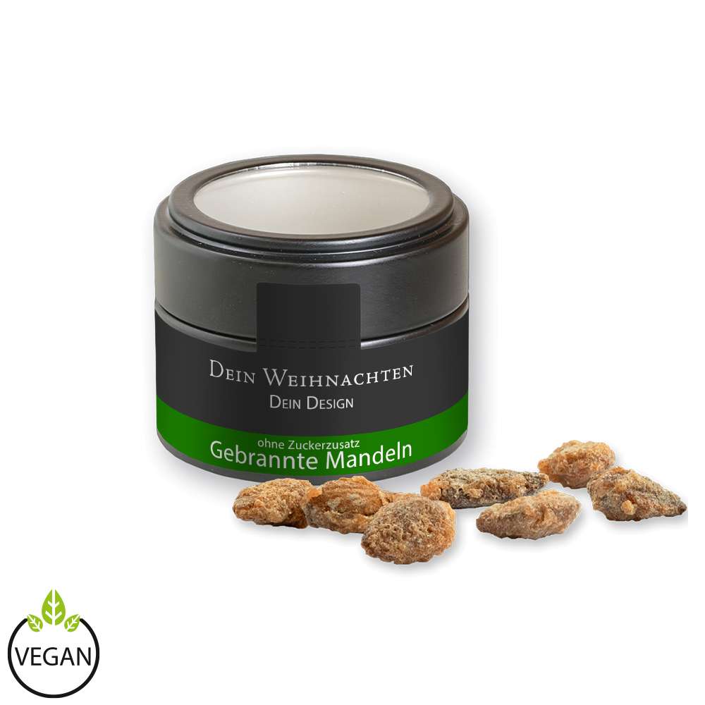Feuergebrannte Mandeln ohne Zuckerzusatz, ca. 60g, Metalldose Mini mit Sichtfenster schwarz