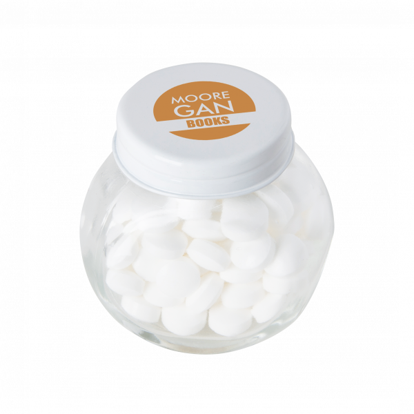 Bonbonglas mini gefüllt mit ca. 40 gr. Mints mit farbigem Deckel