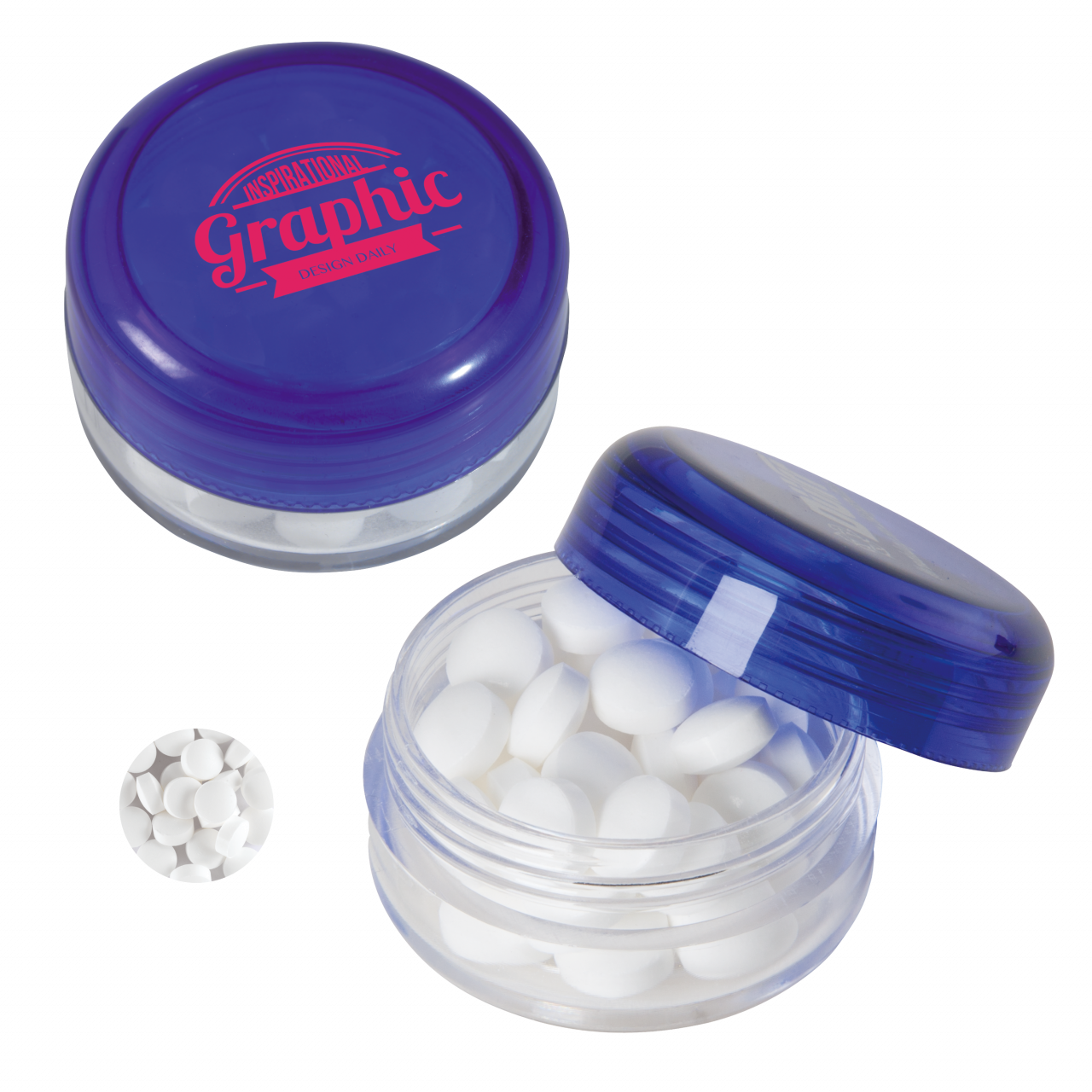 Runde Plastikdose mit farbigem Deckel gefüllt mit ca. 12 gr. extra strong Minties `Triangle` TAMPOND