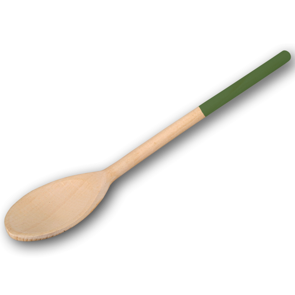 Kochlöffel, oval, mit farbigem Griff, laubgrün, aus Holz 30 cm