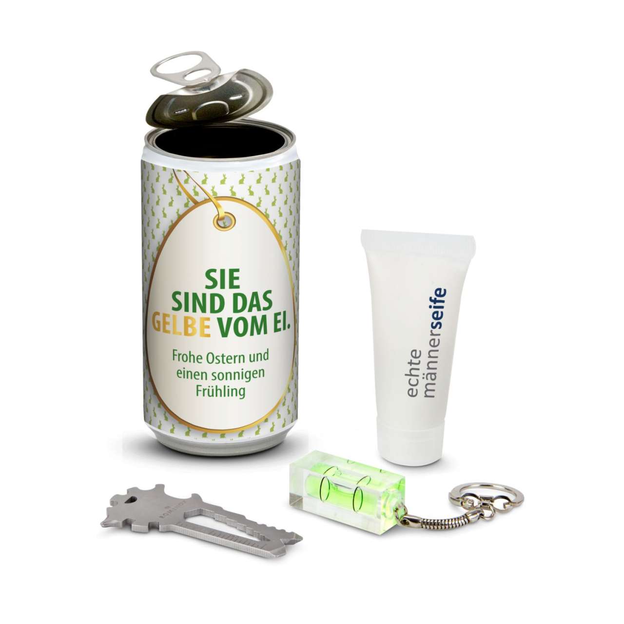 Geschenkset / Präsenteset: Männer-Geheimnis Ostern, das Nest in der Dose - Etikett Ostern